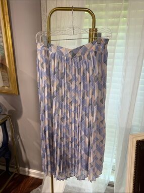 Polagram Pleated Geometric Midi Skirt in Blue and Cream